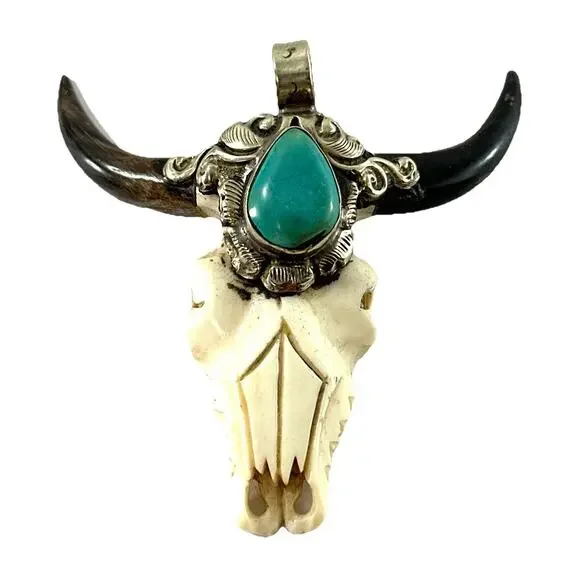 Western Steer Skull Style Pendant Turquoise Stone Southwestern Necklace Charm 3” - Picture 2 of 8